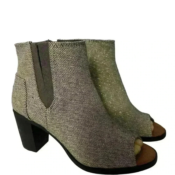 TOMS Majorca Women's Booties Gray And Gold Block Heel Peep Toe Size 7.5 / 38 - Picture 3 of 11